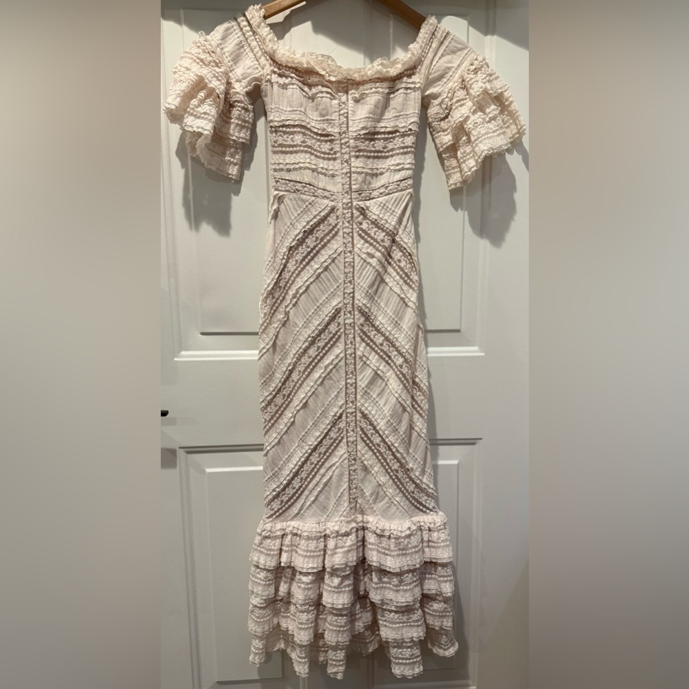 Cinq a Sept Naya White Lace Ruffle Off the Shoulder Mermaid Midi Dress Sz 0